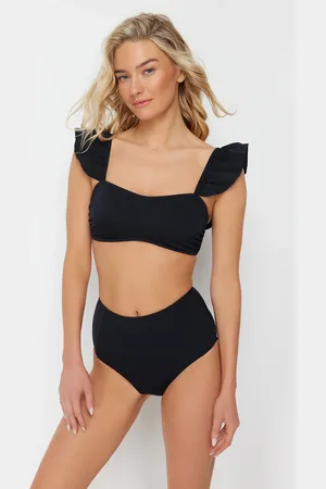 Trendyol Černá Podprsenka S Volánky Texturovaný Vysoký Pas Hipster Bikini Set