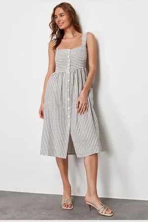 Trendyol Ecru Buttoned Striped Linen Look Midi Woven Dress