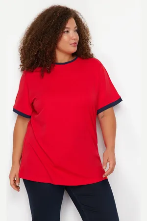 Trendyol Curve Red Color Block Detailed Boyfriend 100% Cotton Knitted T-shirt