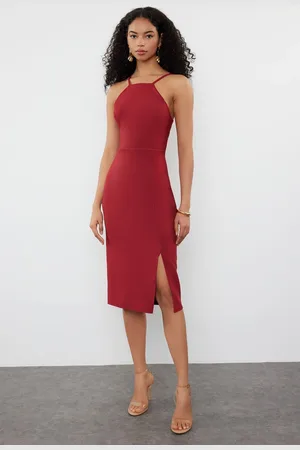 Trendyol Burgundy Bodycon Slit Halter Neck Midi Pencil Skirt Woven Dress