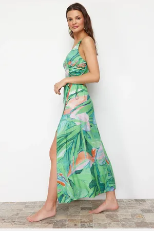 Trendyol Green Tropical Print Maxi Woven Beach Dress