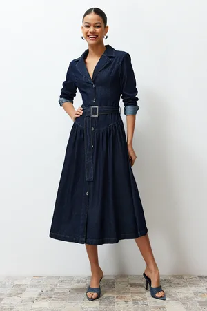 Trendyol Blue Belted Jacket Collar Maxi Denim Dress