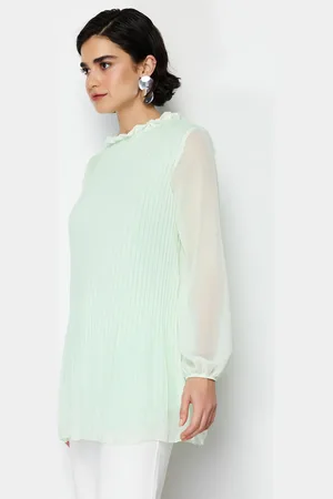 Trendyol Mint Chiffon Pleated Woven Tunic