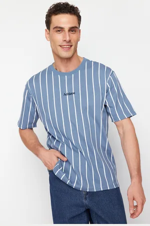 Trendyol Indigo Oversize/Wide Cut Striped 100% Cotton T-Shirt