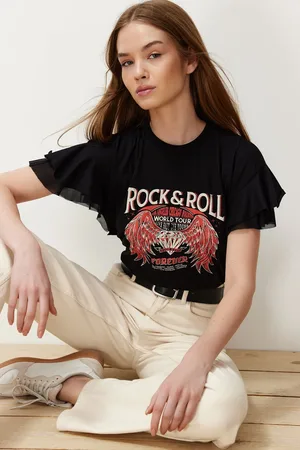 Trendyol Black 100% Cotton Printed Tulle Ruffle Detail Regular/Regular Fit Knitted T-Shirt