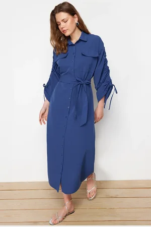 Trendyol Saks Belted Cotton Woven Shirt Dress with Adjustable Sleeves Detail