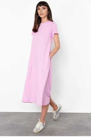 Trendyol Pink Plain T-shirt Dress Pocket Midi Knitted Dress