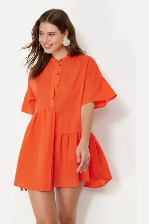 Trendyol Orange Wide Fit Mini Woven Ruffle Beach Dress