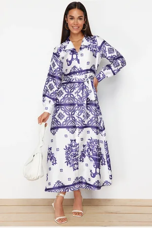 Trendyol Purple Woven Satin Patterned Shirt Evening Dress