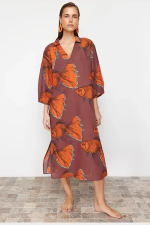 Trendyol Fish Pattern Wide Pattern Weaving 100% Cotton Midi Beach Dress
