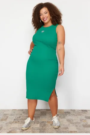Trendyol Curve Green Embroidery Detailed Camisole Midi Knitted Plus Size