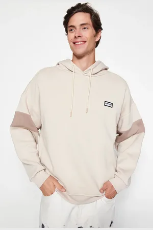 Trendyol Pánské Béžové Oversize / Wide-Fit Kapuce Štítek Detail Barevný blok Fleecová mikina