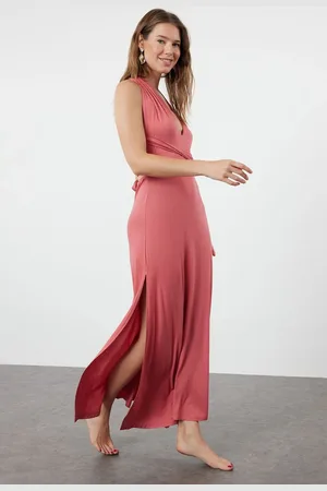Trendyol Dried Rose Belted Maxi Knitted Tie-Up Beach Dress