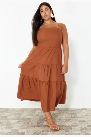 Trendyol Curve Brown Relaxed Adjustable Strap Long Woven Plus Size Dress