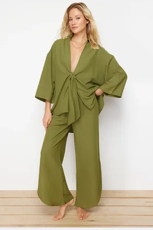 Trendyol Khaki Woven Tied Linen Blend Shirt Trousers Beach Suit