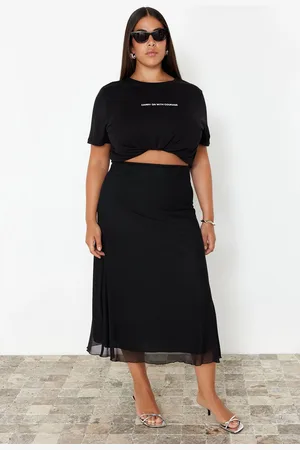 Trendyol Curve Black Lined Tulle Maxi Knit Plus Size Skirt