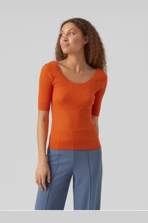 VERO MODA Oranžové dámské žebrované basic tričko Estela - Dámské