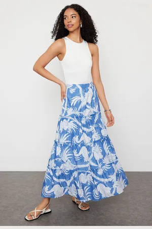 Trendyol Navy Blue Patterned Flared Maxi Length Woven Skirt