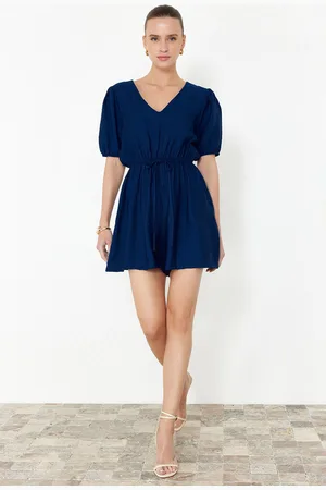 Trendyol Navy Blue Elastic Waist V-Neck Linen Look Mini Woven Jumpsuit