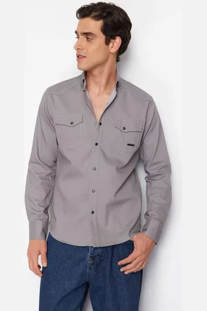 Trendyol Gray Regular Fit Denim Shirt with Snap Fasteners