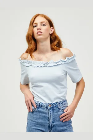 Pieces® Světle modrý crop top s odhalenými rameny Leah - Dámské