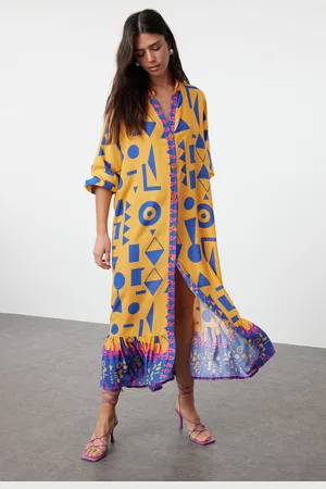 Trendyol Orange Printed Midi Wide Bow Border Pattern Detail Woven Dress Woven Dress