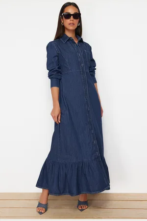 Trendyol Dark Blue Ruffle Hem Maxi Modest Denim Shirt Dress