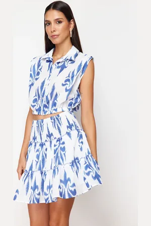 Trendyol Blue Gimped Skirt with Ruffles Linen Look Mini Woven Skirt