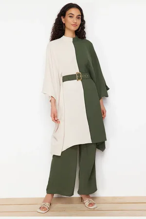 Trendyol Khaki Color Block Waist Belted Tunic-Pants Woven Suit