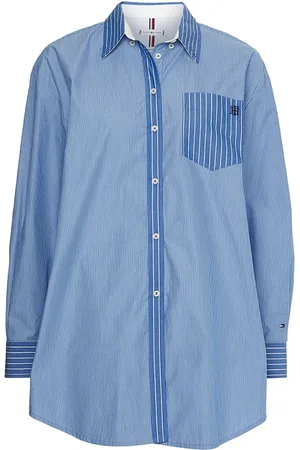 Tommy Hilfiger Shirt - ORG CO STRIPE OVERSIZED SHIRT LS blue
