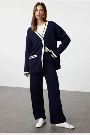 Trendyol Navy Blue Color Block Gold Buttoned Pocket Cardigan-Trousers Knitwear Bottom-Top Set