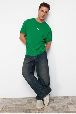 Trendyol Green Oversize/Wide Cut Dinosaur Embroidered 100% Cotton T-Shirt