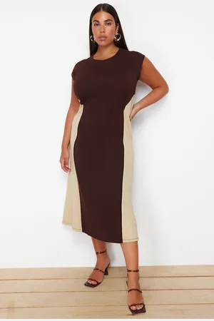 Trendyol Curve Brown-Beige Color Block Midi Crepe Knitted Plus Size Dress