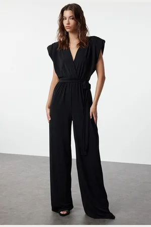 Trendyol Black V Neck Belted Knitted Jumpsuit