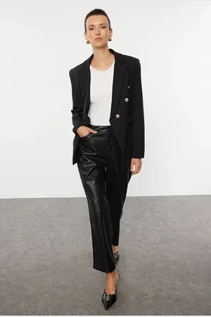 Trendyol Black Button Detailed Lined Fitted Waist Patterned Woven Blazer Jacket