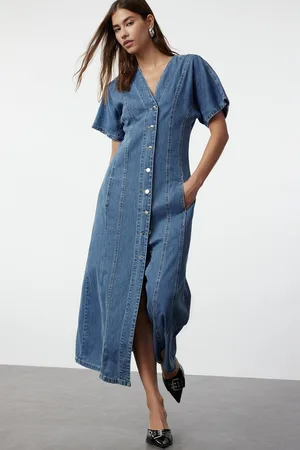 Trendyol Blue Stitch Detailed V Neck Maxi Denim Dress