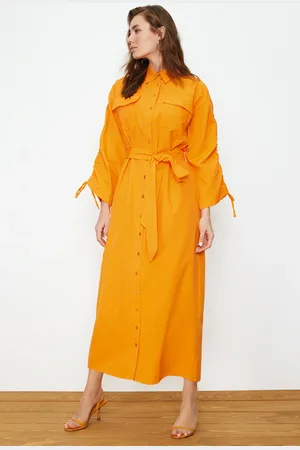 Trendyol Orange Belted Sleeves Adjustable Detailed Buttoned Cotton Woven Shirt Dress