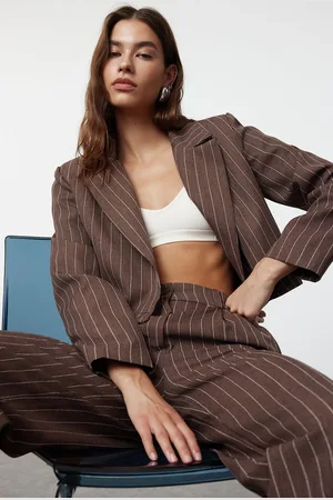 Trendyol Brown Regular Crop Striped Woven Blazer Jacket