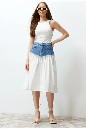 Trendyol Blue Color Block High Waist Midi Denim Skirt