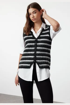 Trendyol Black Soft Texture Striped V Neck Regular Vest
