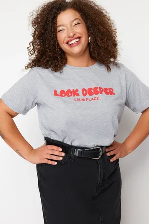 Trendyol Curve Gray Melange Slogan Printed Boyfriend 100% Cotton Knitted Plus Size T-shirt