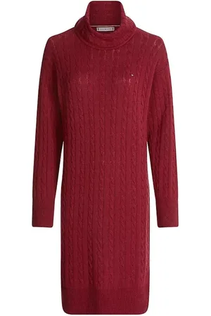 Tommy Hilfiger Dress - SOFTWOOL CABLE ROLL-NK DRESS red
