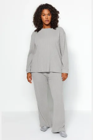 Trendyol Curve Anthracite Crew Neck Relaxed Fit Knitted Ribbed Camisole Plus Size Top-Bottom Set
