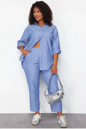 Trendyol Curve Blue Woven Plus Size Two Piece Set