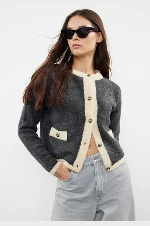 Trendyol Anthracite Boucle Yarn Color Block Jacket-Look Knitwear Cardigan