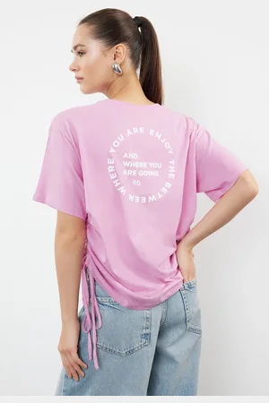 Trendyol Pink 100% Cotton Back and Front Printed Oversize/Relaxed Fit Knitted T-Shirt
