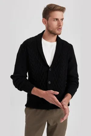 DeFacto Standard Fit Shawl Collar Knitted Buttoned Black Knit Cardigan