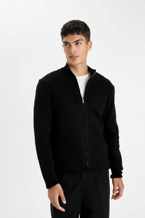 DeFacto Black Standard Fit Regular Cut Stand Collar Zippered Knitwear Cardigan