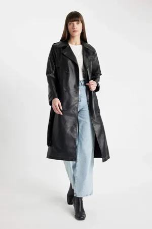 DeFacto Water Repellent Faux Leather Trench Coat Double Breasted Collar Buttoned Belt Pocket