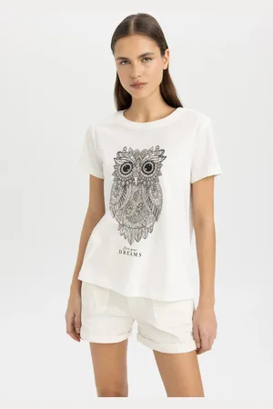 DeFacto Regular Fit Crew Neck Owl Patterned Combed Cotton Short Sleeve T-Shirt